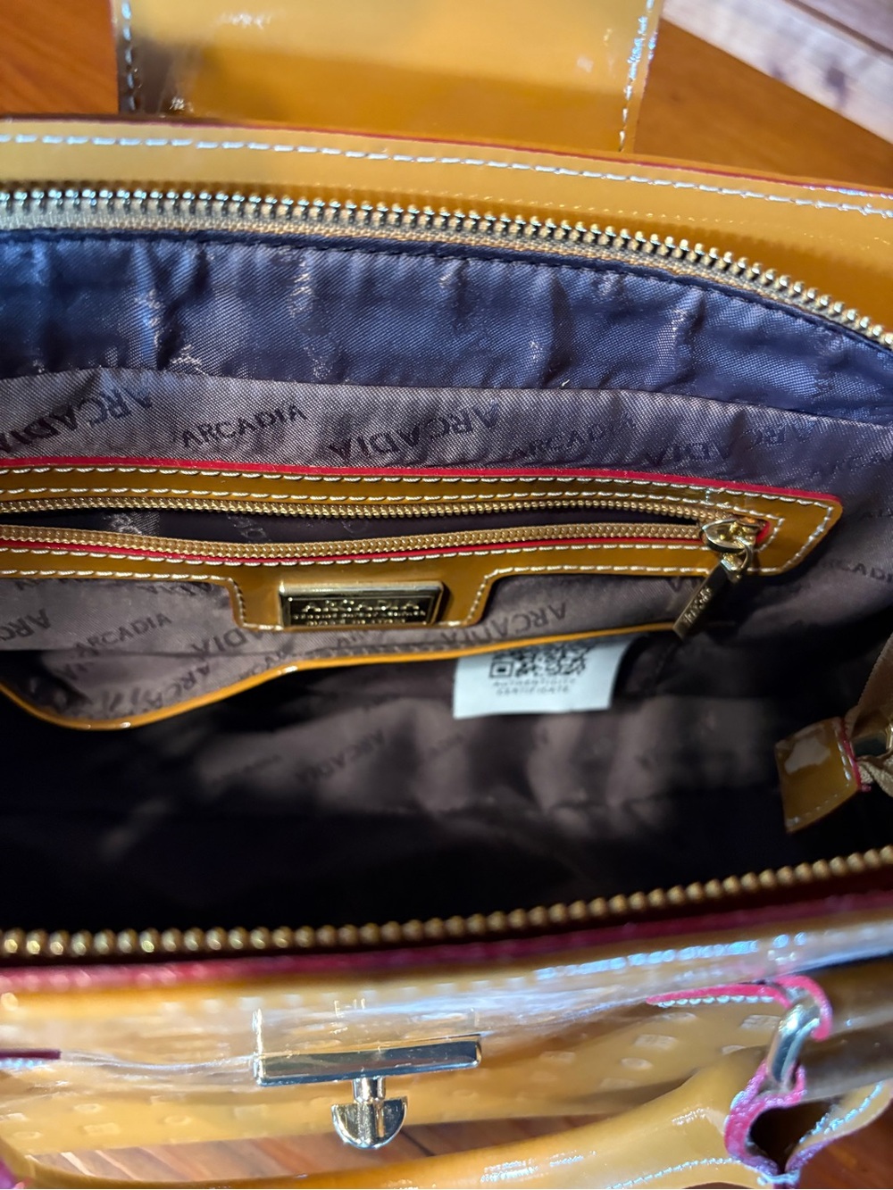 Arcadia Patent Leather Satchel Bag in Mustard Yellow with Red trim - Picture 5 of 9